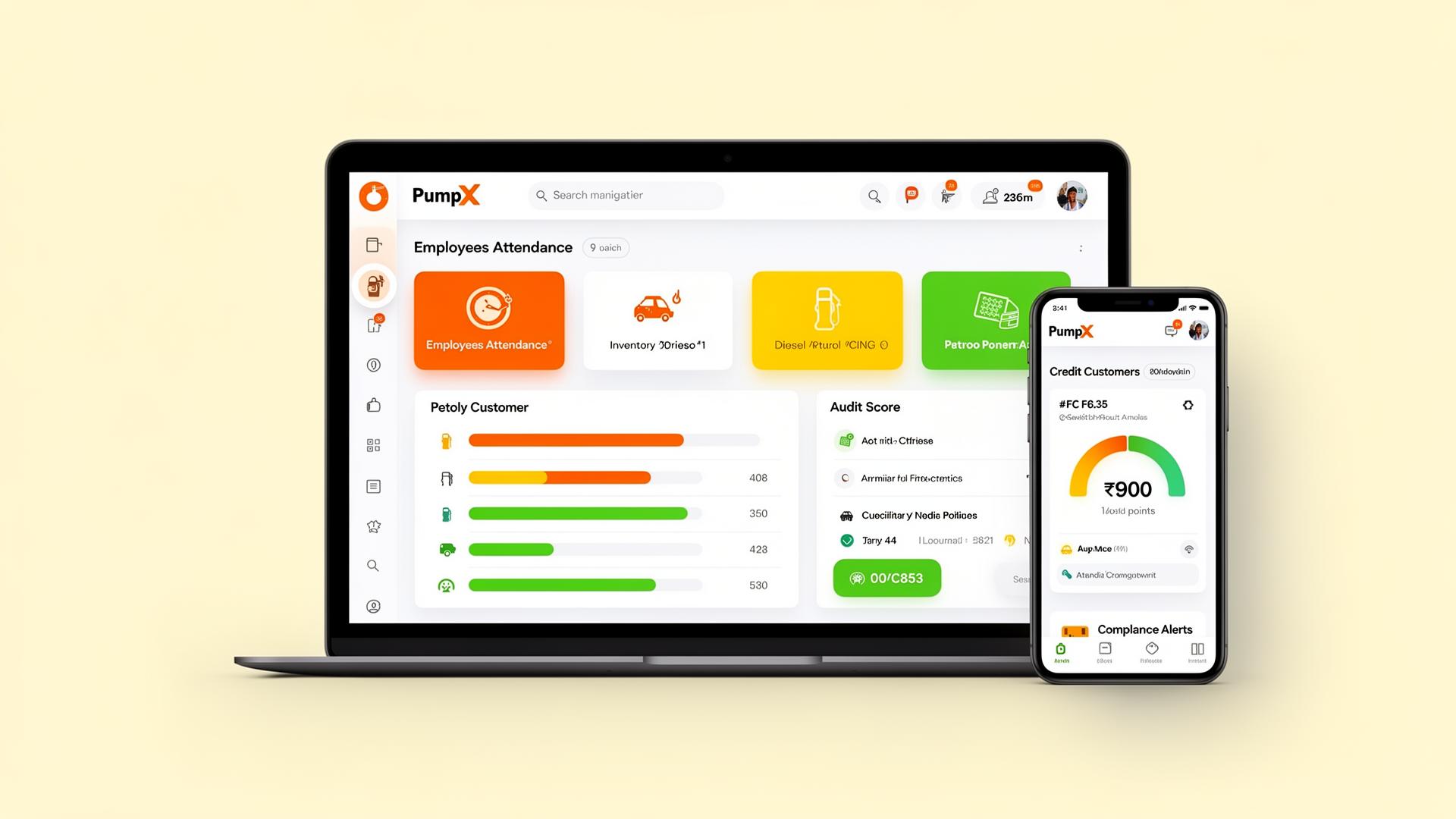 PumpX dashboard showing employee attendance, fuel inventory, credit customers, audit scores and compliance alerts